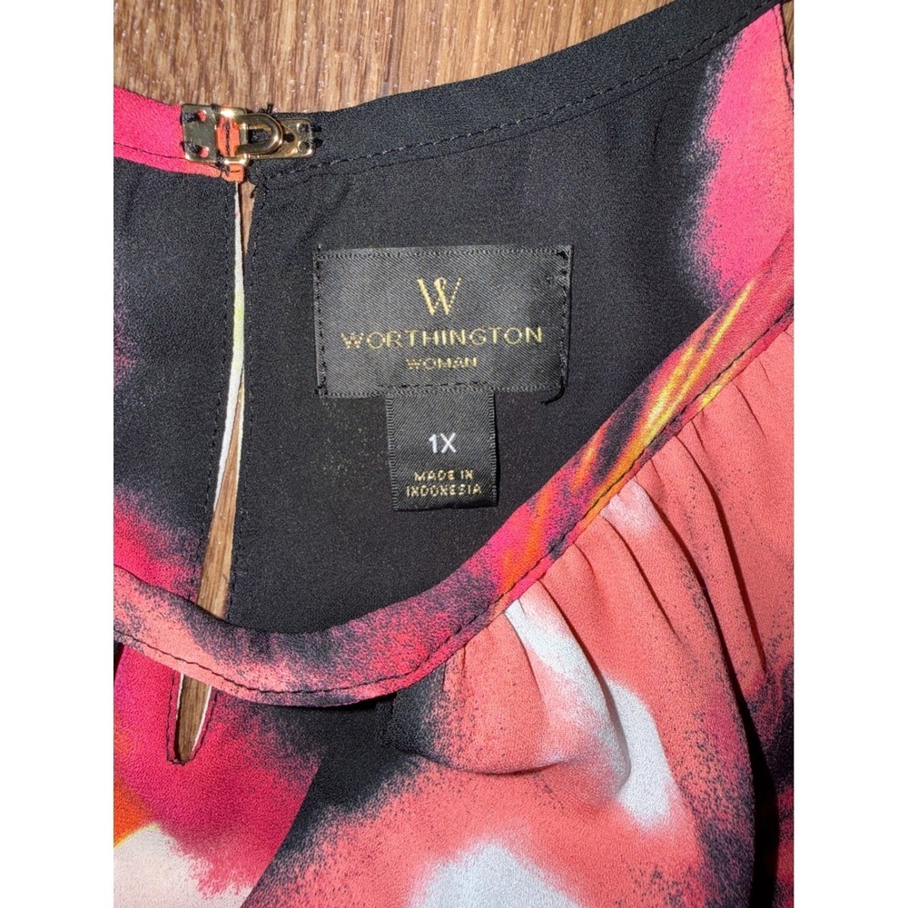 Worthington Woman 1X Floral Halter Top Pink Orange Black Asymmetrical Hem Blouse - Picture 4 of 6